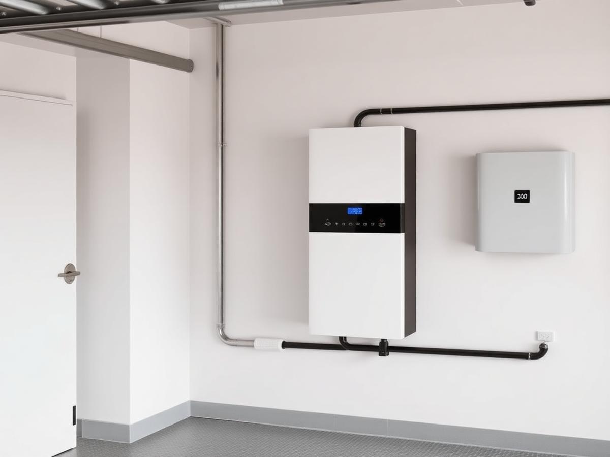 Wall-mounted home battery storage unit installed beside an inverter in a garage