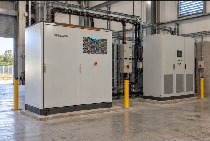 Industrial battery storage cabinets and controls in a commercial plant room
