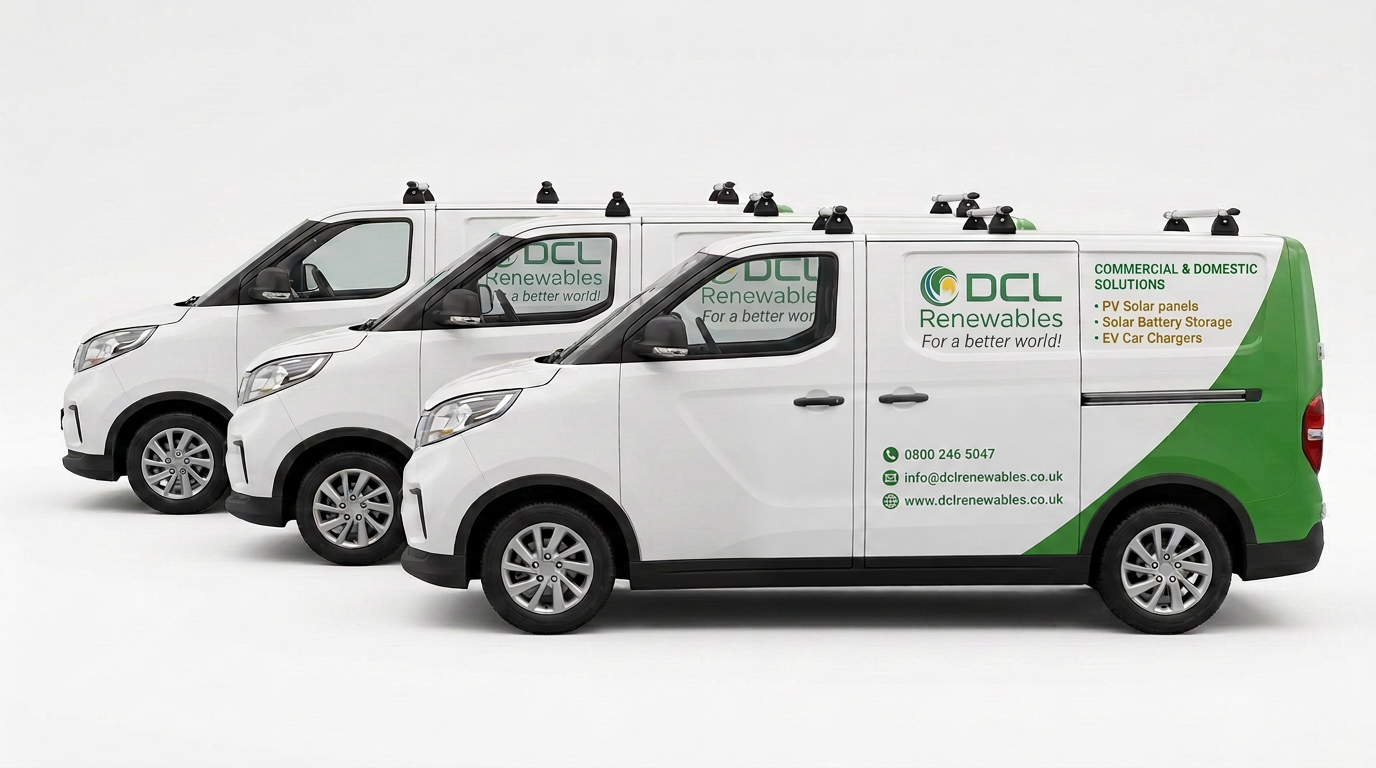 DCL Renewables branded installation vans parked at the company site