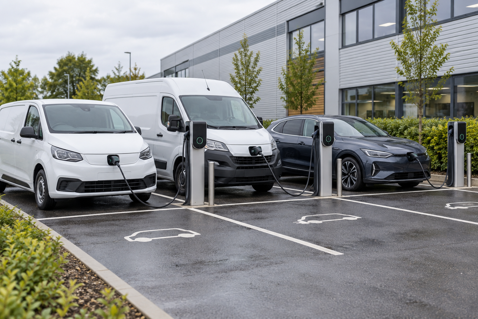 Fleet vehicles charging at multiple charge points outside a commercial building